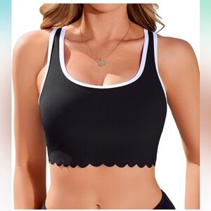 🚘Black Scalloped Edge bikini top racerback top scalloped ribbed swim bra padded